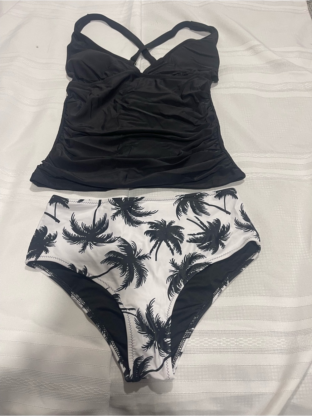 Women’s Black Tankini with Palm-Print High-Waist Bottoms